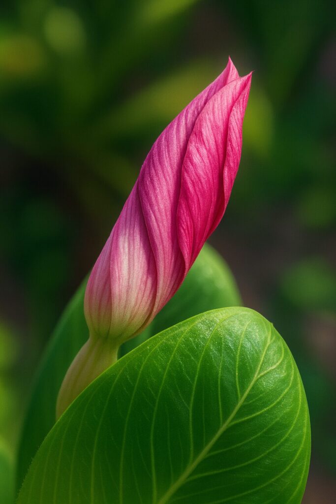 ピンク色の蕾と緑の葉を写実的に描いたニチニチソウのデジタルイラスト