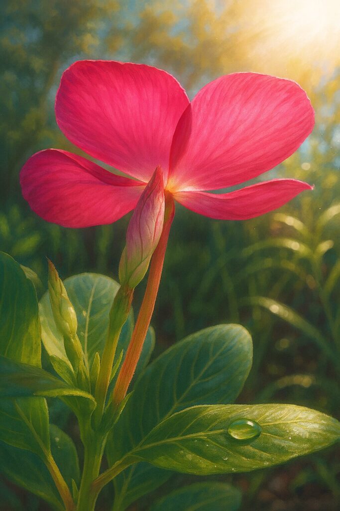 朝日の光を浴びて輝くピンクの花びらを写実的に描いたニチニチソウのデジタルイラスト