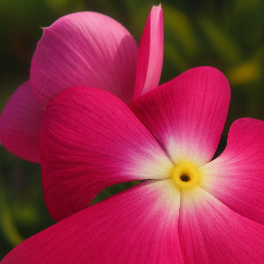 濃いピンクの花びらと白から黄色にかけての中心を写実的に描いたニチニチソウのデジタルイラスト