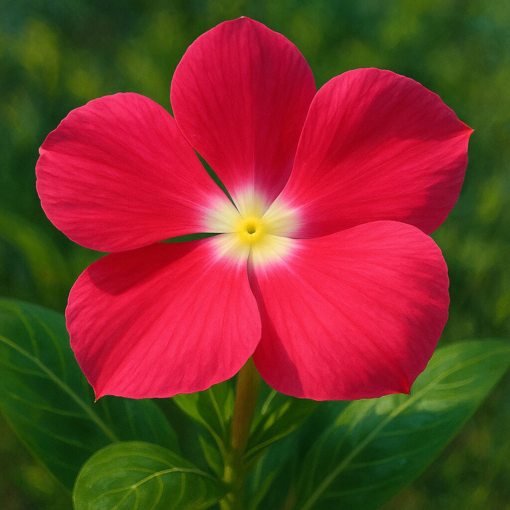鮮やかなピンクの花びらと白黄色の中心を写実的に描いたニチニチソウのデジタルイラスト