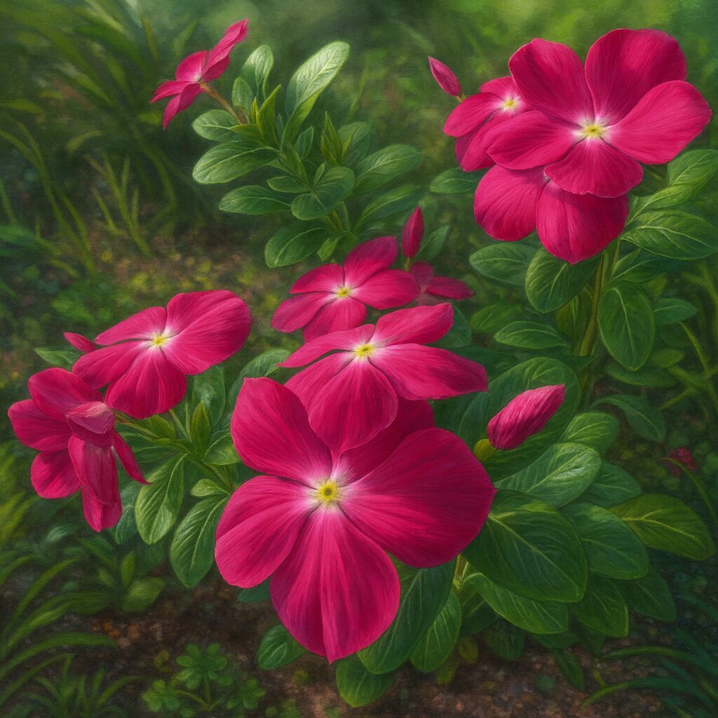 複数のピンクの花をリアルに描いたニチニチソウのボタニカルデジタルイラスト