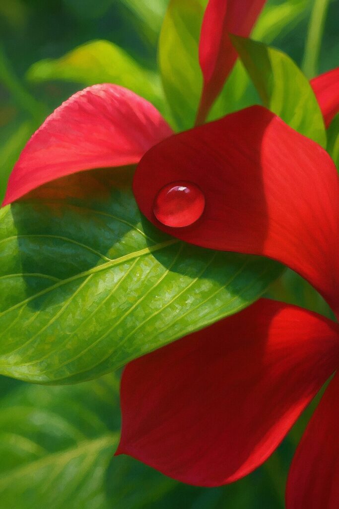 ニチニチソウの赤い花びらと緑の葉に描かれた水滴を表現したデジタルイラスト