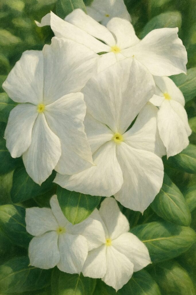 白いニチニチソウの花をリアルに描いたデジタルイラスト