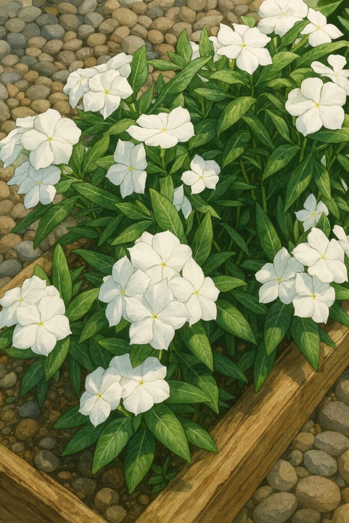 白いニチニチソウの群生を木枠プランターと石畳背景で描いたデジタルイラスト