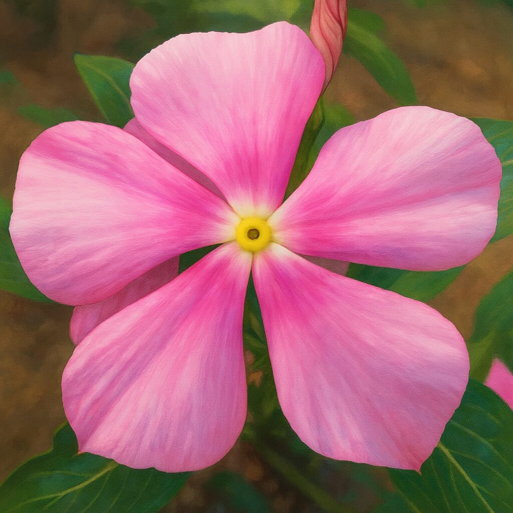 ピンクのニチニチソウの花を鮮やかに描いたデジタルイラスト