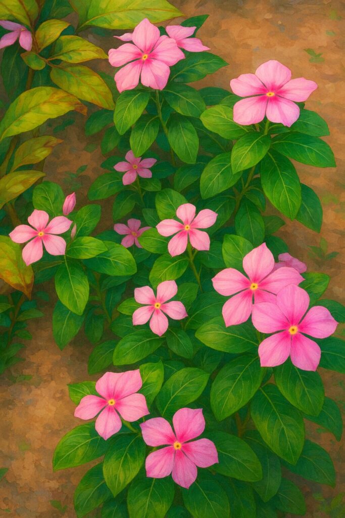 緑の葉と土壌背景に描かれたピンクのニチニチソウの群生イラスト