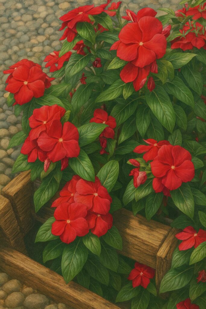 赤いニチニチソウの群生を木枠プランターと石畳背景で描いたデジタルイラスト
