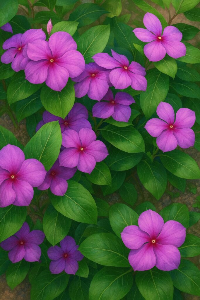 紫がかったピンク色のニチニチソウの群生を緑の葉とともに描いたデジタルイラスト