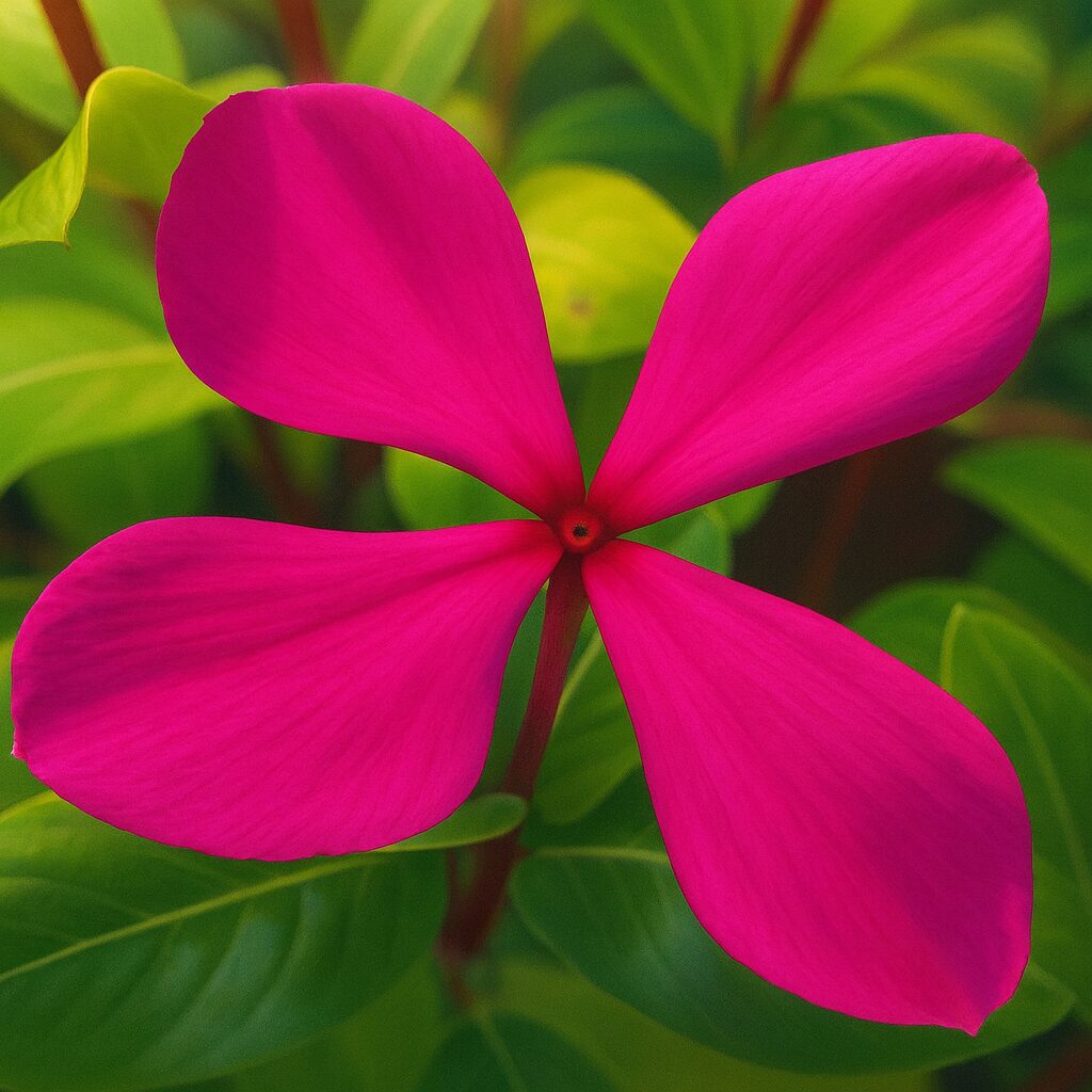 濃いピンク色のニチニチソウの花を緑の葉背景で描いたデジタルイラスト