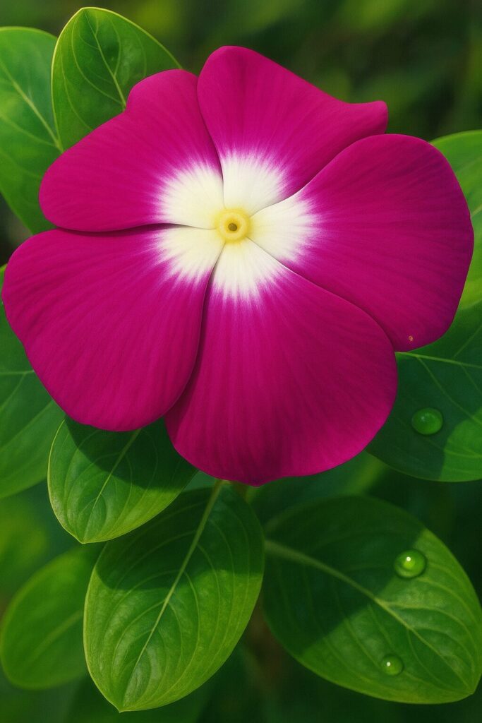 濃いピンク色の花びらと白い中心を持つニチニチソウをリアルに描いたデジタルイラスト