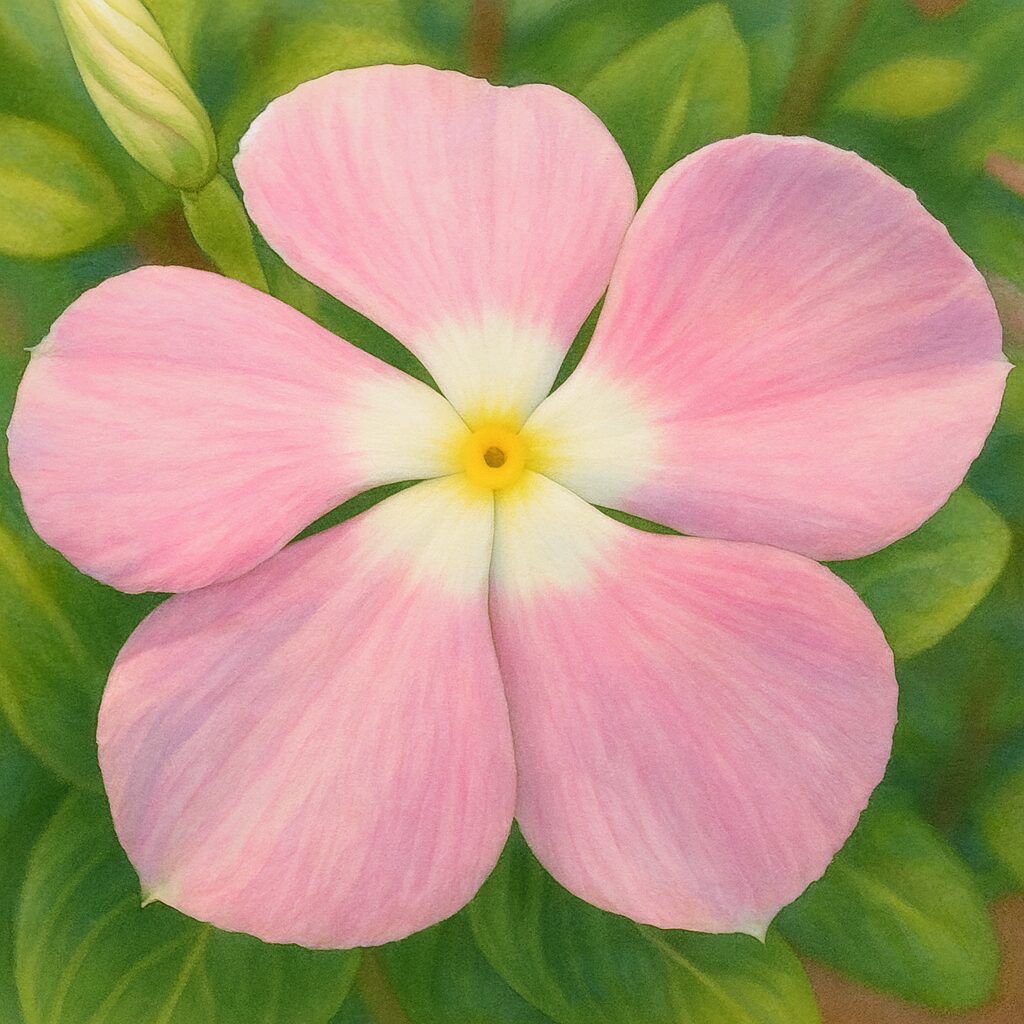 淡いピンク色の花びらと白い中心を持つニチニチソウを丁寧に描いたデジタルイラスト