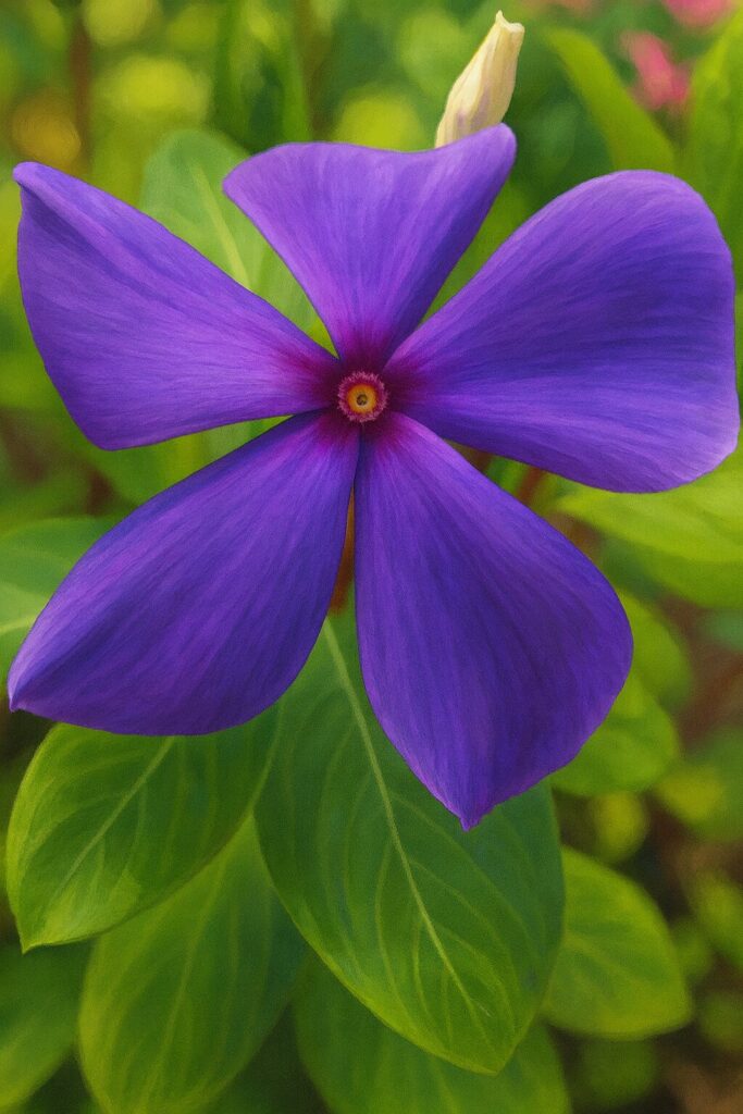 紫色のニチニチソウの花を緑の葉と背景に描いたデジタルイラスト