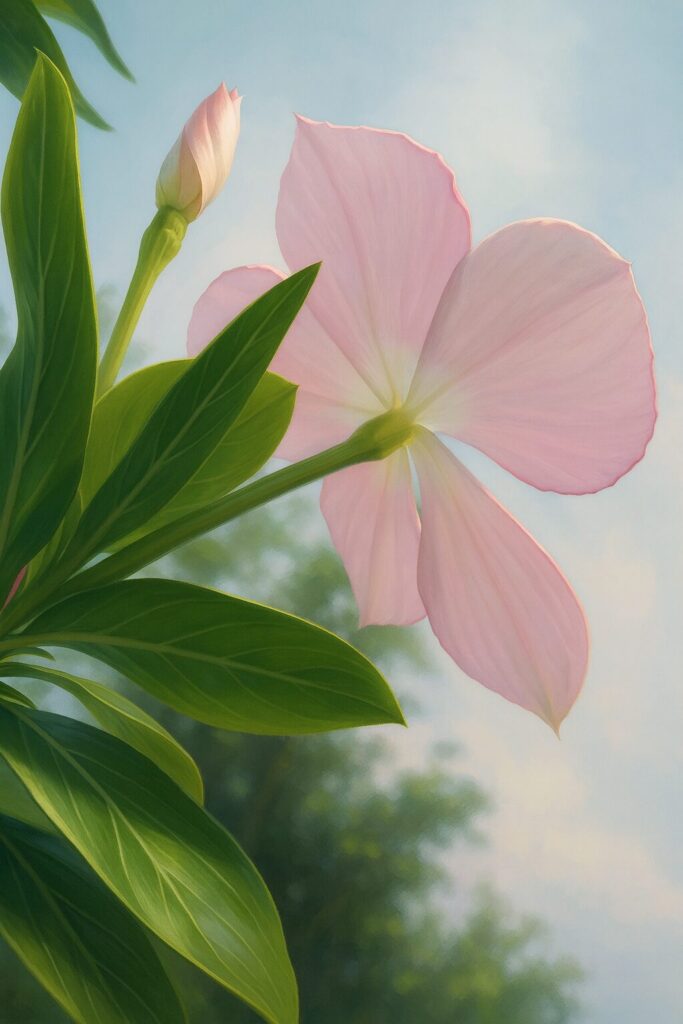 青空を背景に薄いピンクのニチニチソウを下から見上げる構図のデジタルイラスト