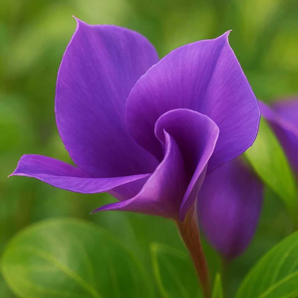 紫色のニチニチソウの渦状に巻く花びらを丁寧に描いたデジタルイラスト