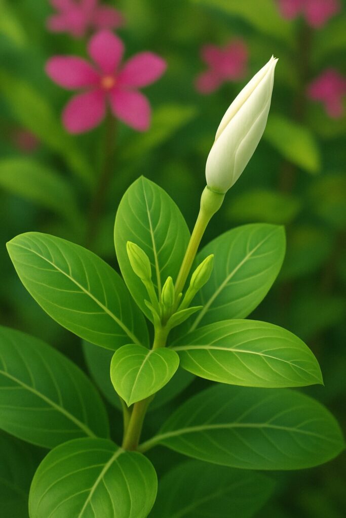 白いつぼみと新芽を持つニチニチソウを緑の葉と背景のピンクの花とともに描いたデジタルイラスト