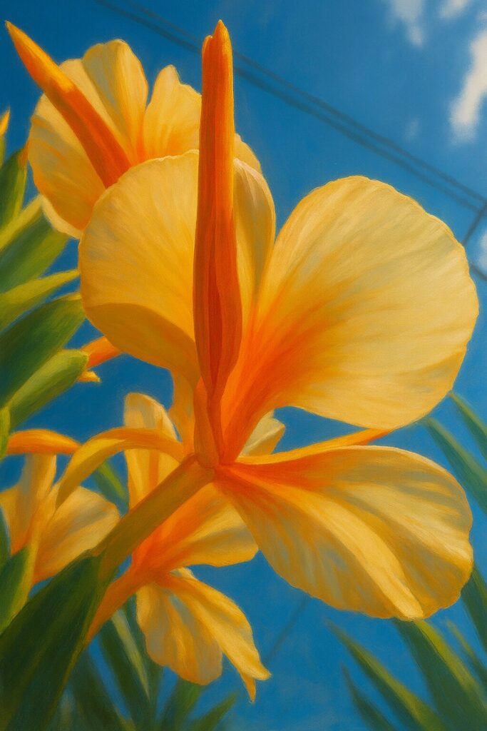 青空を背景に描かれたニクイロシュクシャのオレンジ色と黄色の花のデジタルイラスト