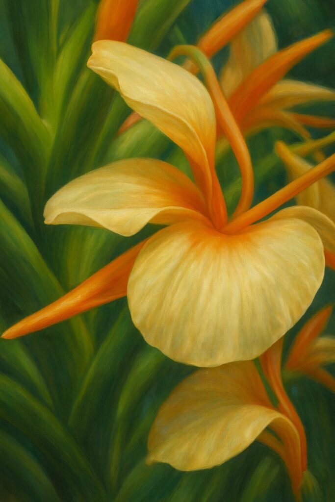 緑の葉を背景に描かれたニクイロシュクシャのオレンジ色とクリーム色の花のデジタルイラスト