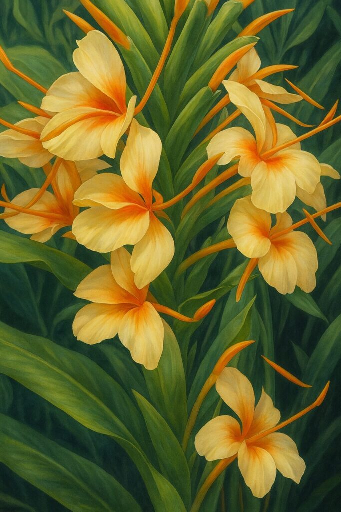 緑の葉を背景に群生して咲くニクイロシュクシャのオレンジ色とクリーム色の花を描いたデジタルイラスト