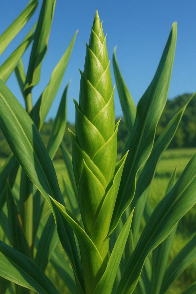 青空を背景に描かれたニクイロシュクシャの緑色の蕾のリアルなデジタルイラスト
