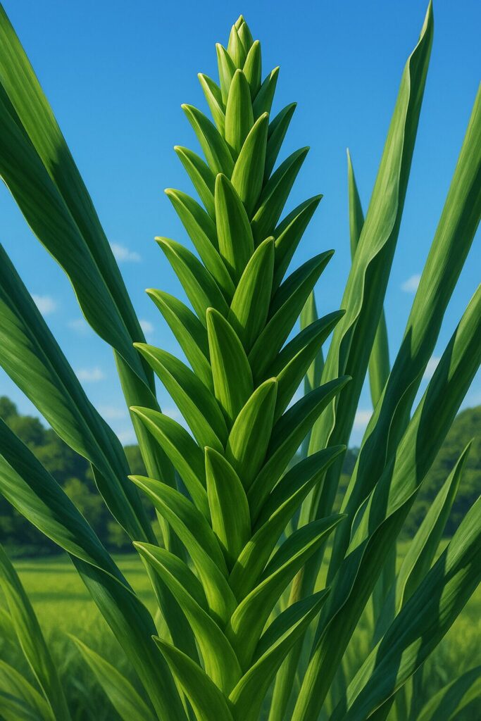 青空を背景に描かれたニクイロシュクシャの緑色の若い花芽のデジタルイラスト