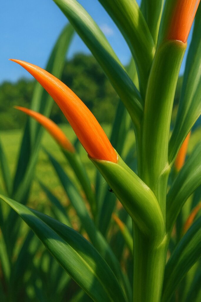 緑の茎から突き出すニクイロシュクシャの橙色の花芽を描いたリアルなデジタルイラスト