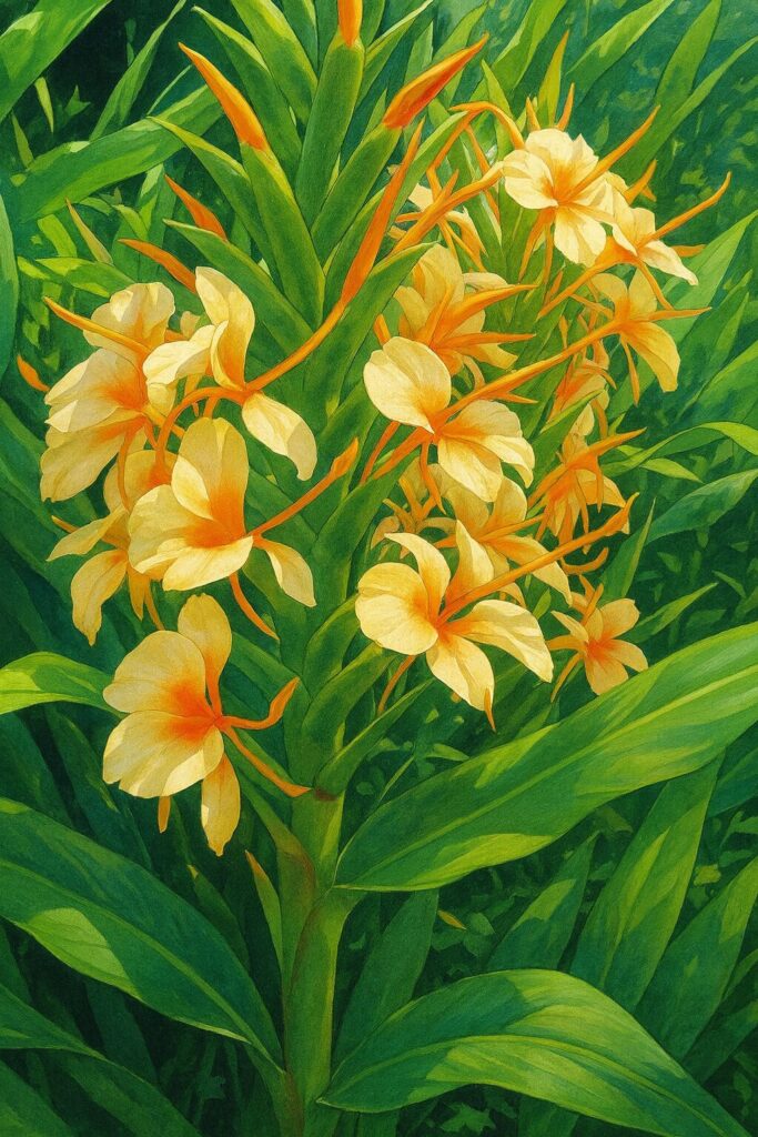 緑の葉に囲まれて群生して咲くニクイロシュクシャの橙色とクリーム色の花を描いたデジタルイラスト