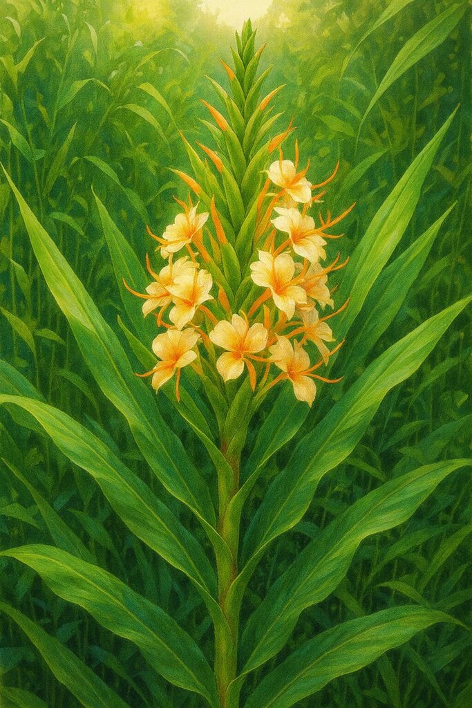 野草の中で大きく伸びたニクイロシュクシャが緑の葉を広げ、先端に橙色とクリーム色の花を咲かせているデジタルイラスト