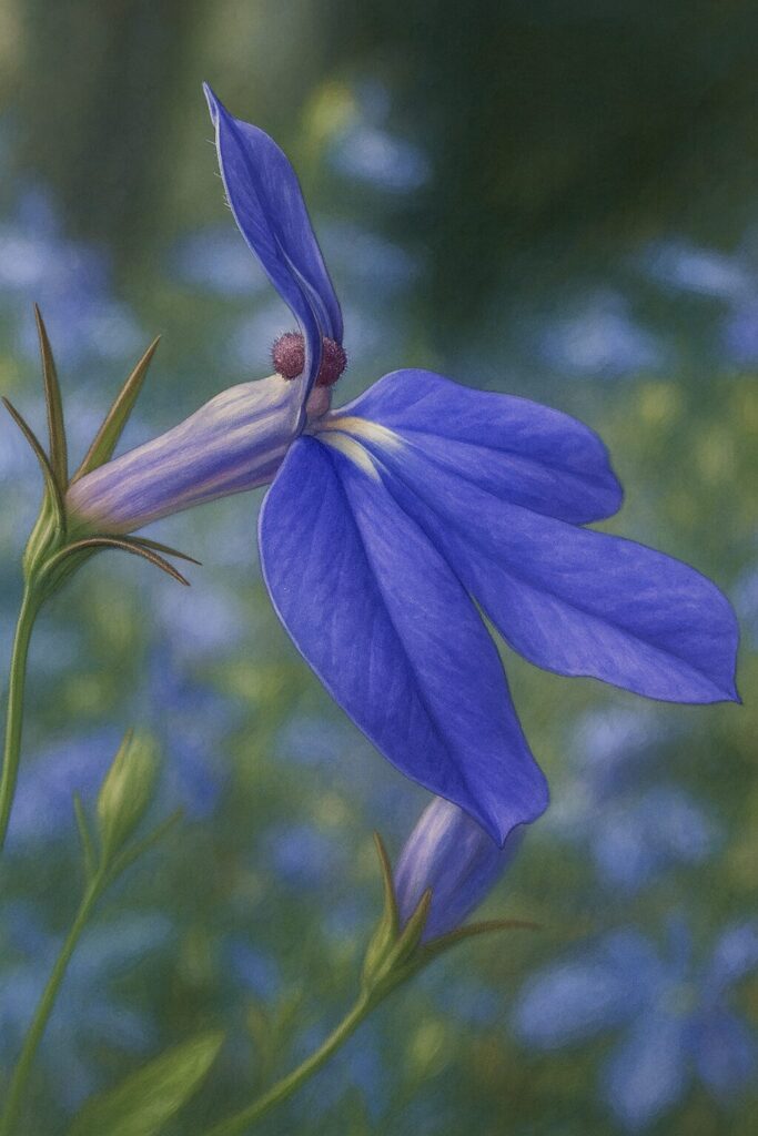 ロベリアの花を横から描いたプロフェッショナルな植物イラスト｜青紫色の花弁と花筒の細部が精緻に表現されている