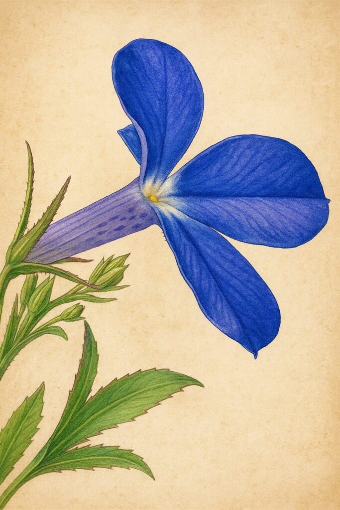 ロベリアの花を下から描いたプロフェッショナルな植物イラスト｜紫青色の花弁と花筒の模様を精緻に表現