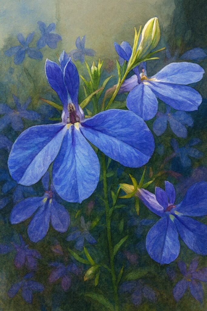 ロベリアの花を正面から描いたプロフェッショナルな植物イラスト｜青紫色の花弁と中心部の模様を精緻に表現