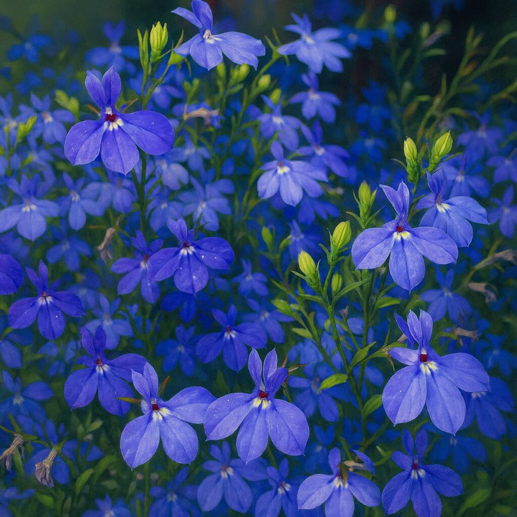 ロベリアの群生を描いたプロフェッショナルな植物イラスト｜青紫色の花が一面に咲く華やかな構図