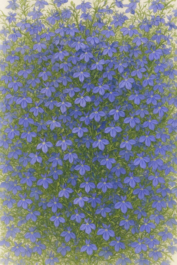 ロベリアの群生を描いたプロフェッショナルな植物イラスト｜青紫色の小花が密集して咲き誇る様子を精緻に表現