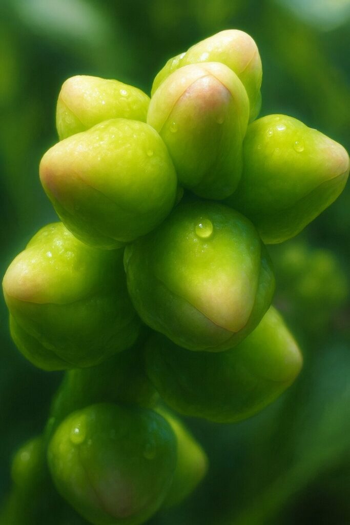 ツルムラサキの花芽を描いたプロレベルのイラスト、光沢のある緑のつぼみと白みがかった先端をリアルに表現