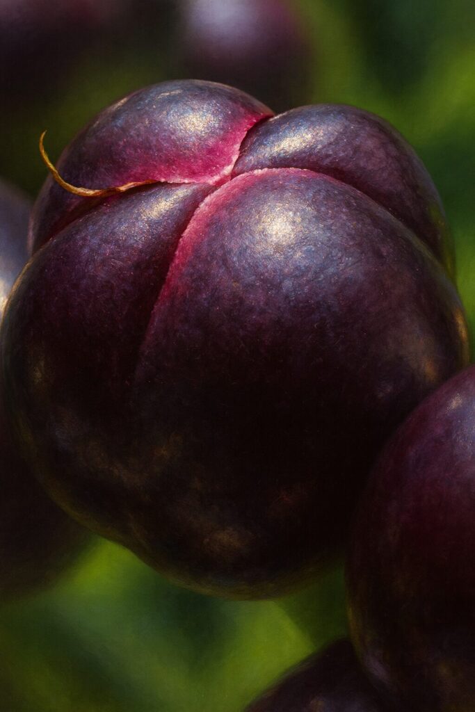 ツルムラサキの果実を描いたプロレベルのイラスト、深い紫黒色の実に光沢と赤紫の裂け目をリアルに表現