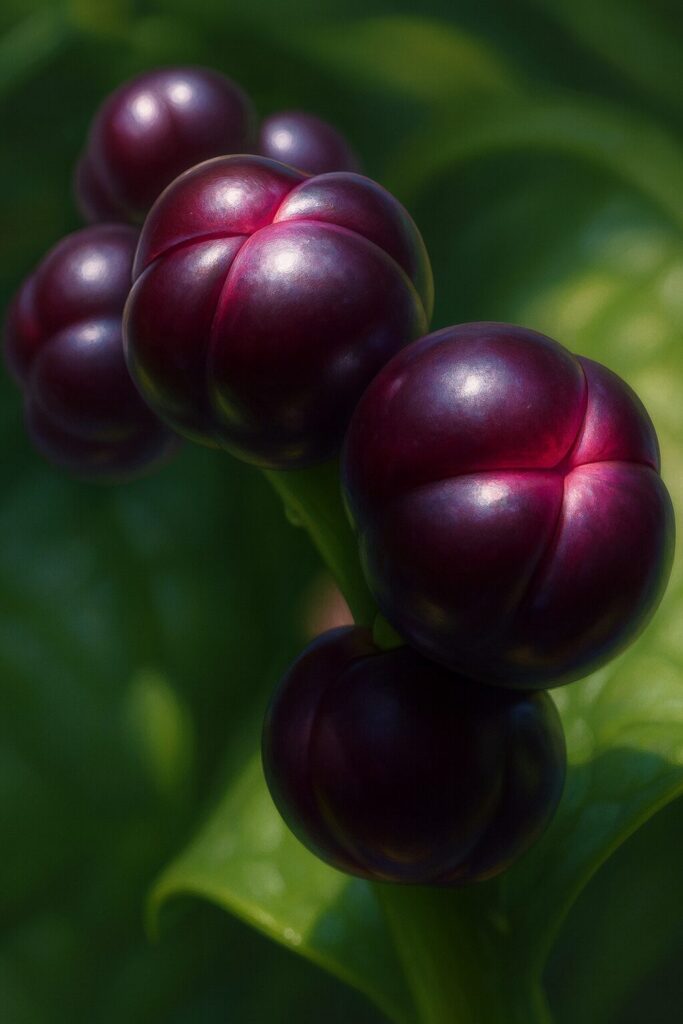 ツルムラサキの果実を描いたプロレベルのイラスト、濃い紫黒色の実が茎に連なり光沢と赤紫の筋をリアルに表現