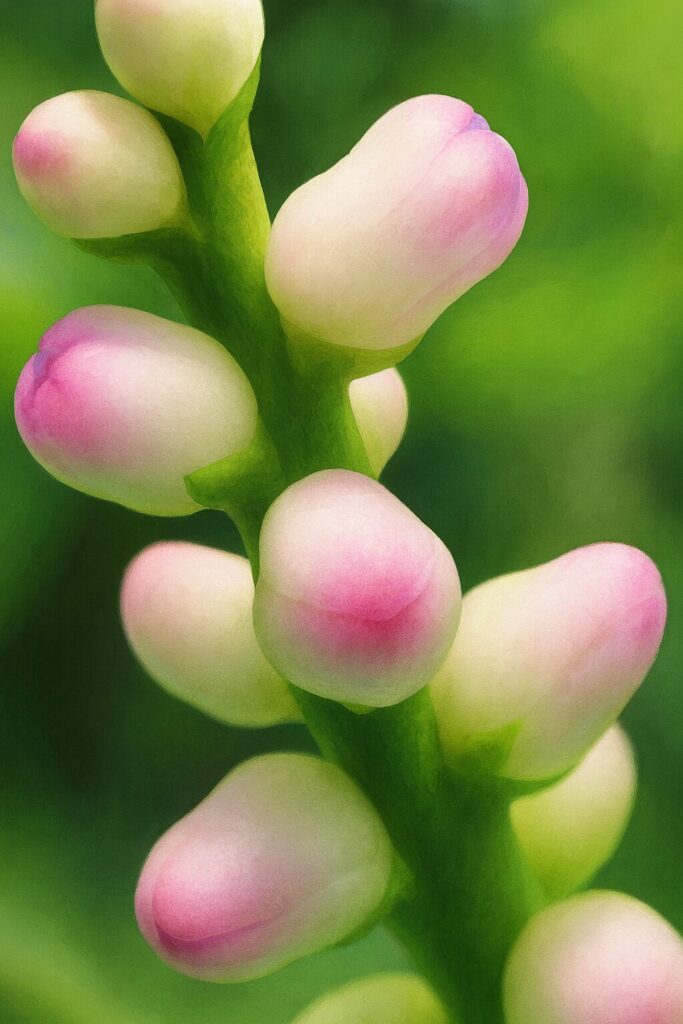 ツルムラサキの花芽を描いたプロレベルのイラスト、白いつぼみと淡いピンクの先端をリアルに表現