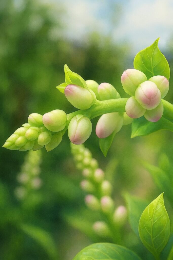 ツルムラサキの花芽を描いたプロレベルのイラスト、緑の茎に柔らかな白とピンクのつぼみが連なってリアルに表現