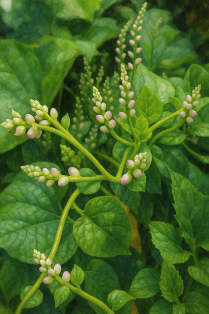 ツルムラサキの花芽を描いたプロレベルのイラスト、緑の茎に沿って柔らかな白とピンクのつぼみが連なりリアルに表現