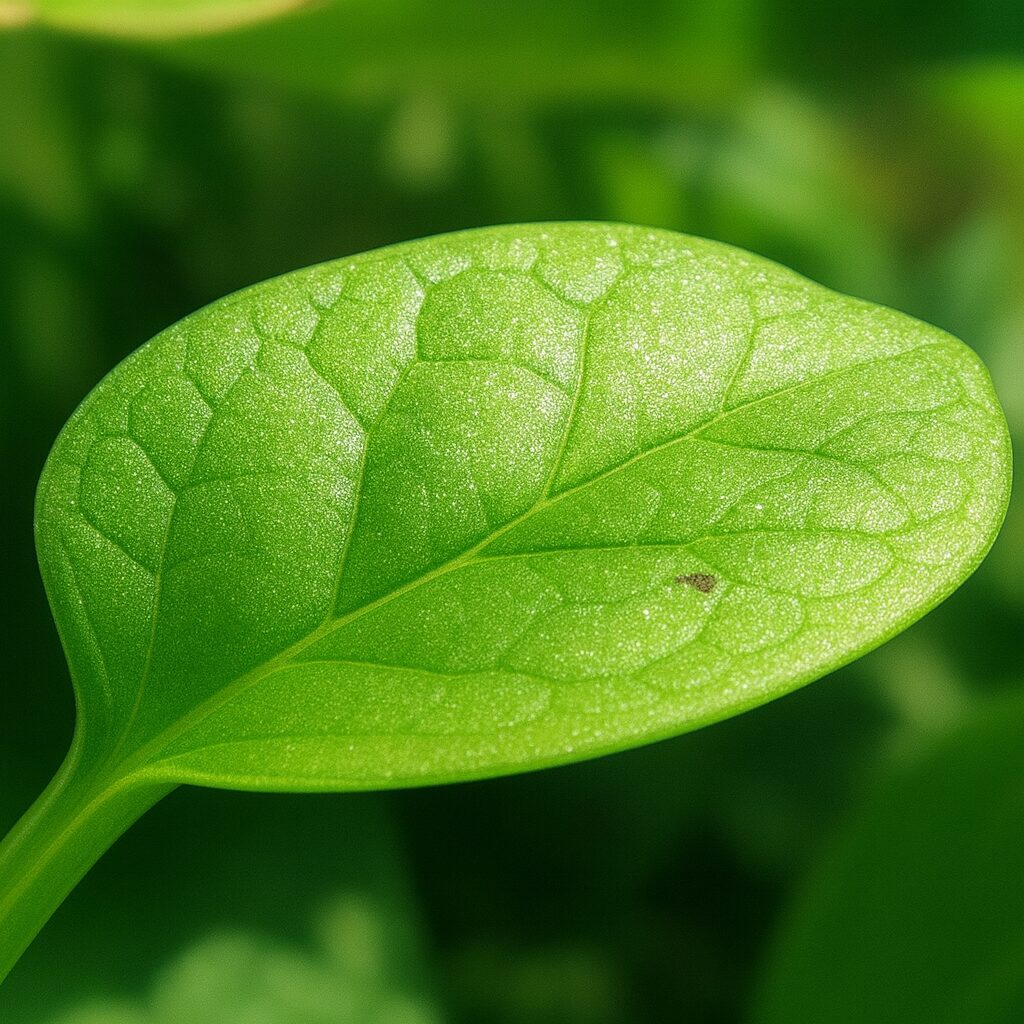 ツルムラサキの葉を描いたプロレベルのイラスト、鮮やかな緑色と葉脈の模様をリアルに表現