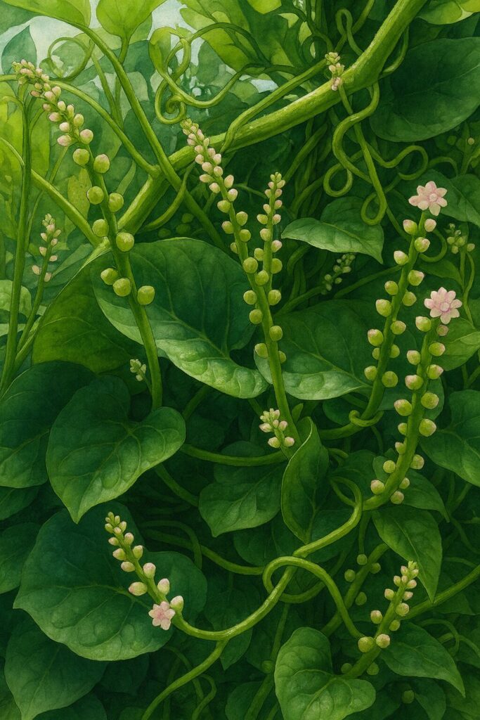 ツルムラサキの花序を描いたプロレベルのイラスト、茎に沿って白と淡いピンクの花が並び、緑の葉とつるをリアルに表現