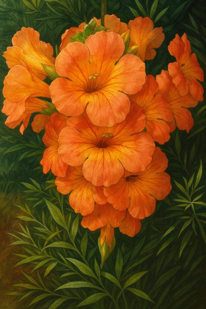 ボタニカルイラストで描かれたノウゼンカズラのオレンジ色の花房と緑の葉