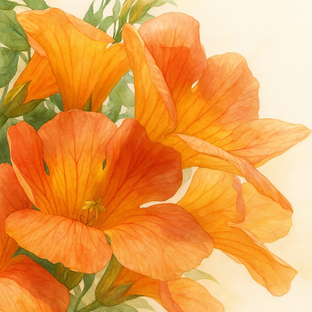 透明感ある水彩タッチで描かれたノウゼンカズラのオレンジ色の花のクローズアップイラスト