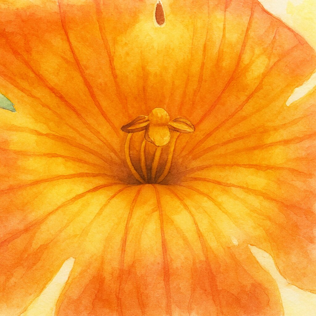 水彩風に描かれたノウゼンカズラの花の中心部、橙から黄色へ広がる花弁と細かな脈の表現