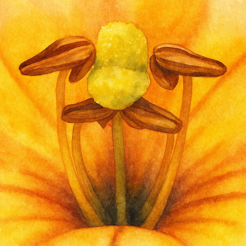 水彩画で描かれたノウゼンカズラの雄しべと雌しべの極アップイラスト、鮮やかな黄色と橙色の表現