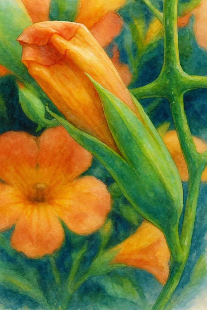 水彩風に描かれたノウゼンカズラのオレンジ色のつぼみと周囲の花のイラスト