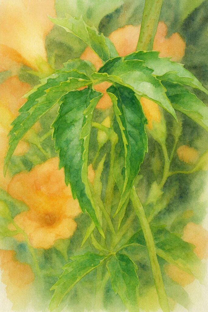 水彩風に描かれたノウゼンカズラの緑の葉と背景にぼんやり映る橙色の花のイラスト