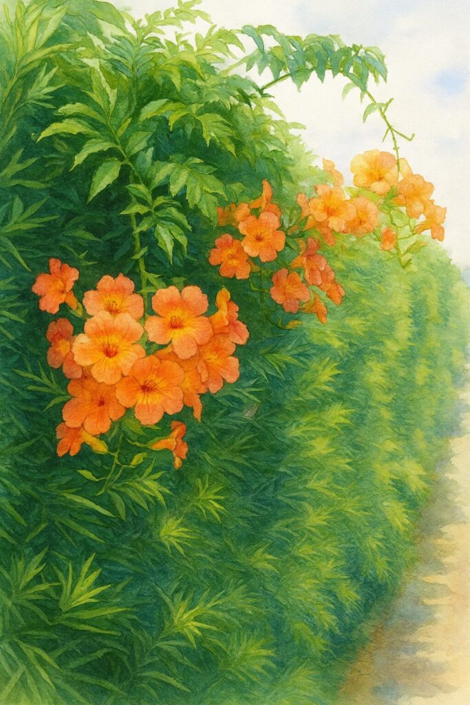 水彩風に描かれた生け垣に咲くノウゼンカズラのオレンジ色の花と緑の葉のイラスト