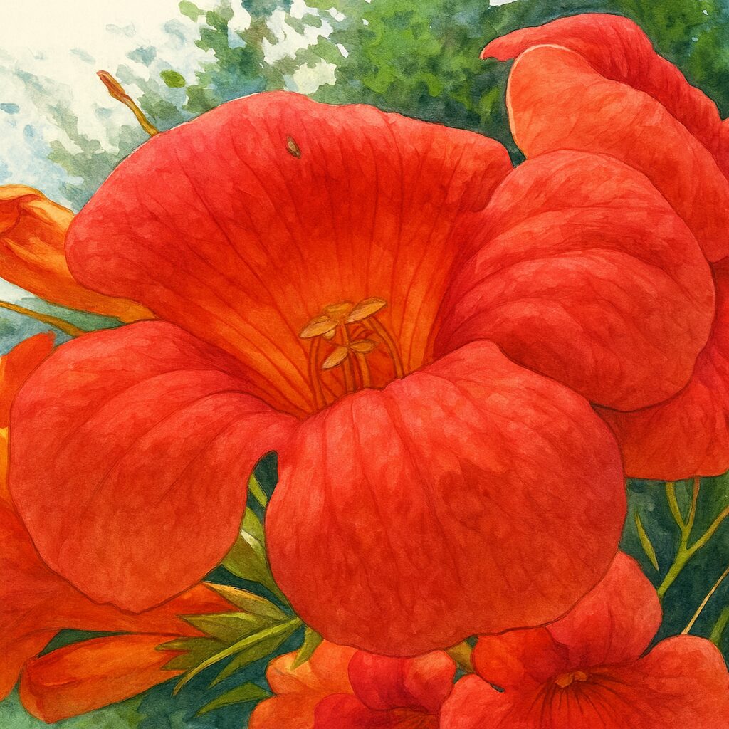 ボタニカルイラスト風に描かれた赤橙色のノウゼンカズラの花のクローズアップ