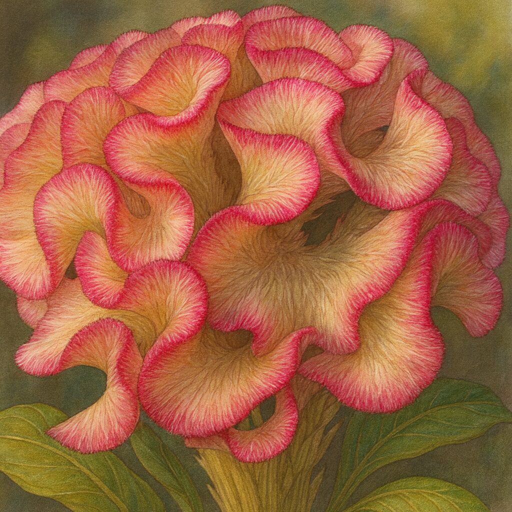 ケイトウの花の植物画イラスト｜ピンクの縁取りと柔らかな質感を写実的に描いた鶏冠状の花