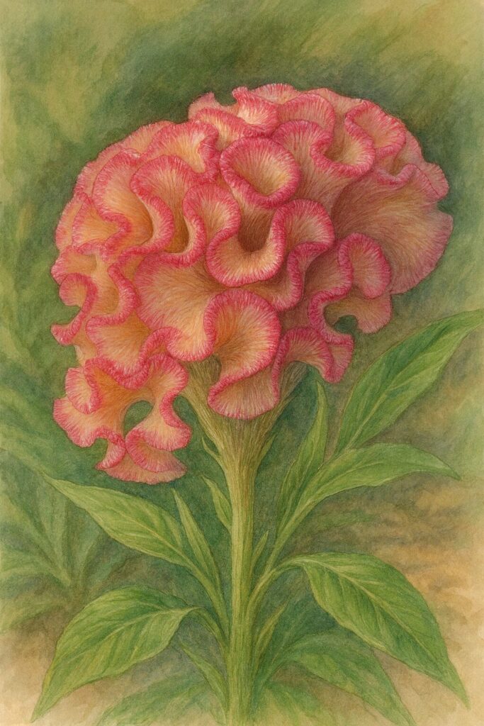 ケイトウの花の植物画イラスト｜ピンクと橙色のグラデーションを写実的に描いた鶏冠状の花